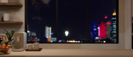 Copy space for displaying your product on a wooden kitchen tabletop with a modern coffee maker, a mug tray, and decor against the window with a nighttime city view. 3d render, 3d illustrationの写真素材