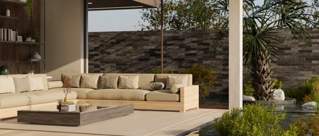 A spacious modern and luxury home patio with a comfortable relaxation area, tropical garden, and small pond exterior. 3d render, 3d illustrationの写真素材