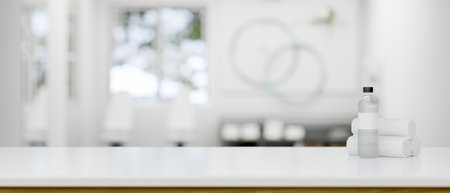 Copy space for displaying your product on a white tabletop with a bottle of water and towels over a blurred white workout room in the background. 3d render, 3d illustrationの写真素材