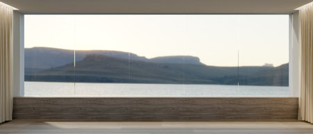 A modern spacious empty room with an amazing large glass window with a beautiful mountain and lake view. empty room mockup. 3d render, 3d illustrationの写真素材