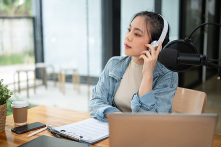 A beautiful Asian female radio host sits at her desk in her studio, listening to music in her headphones during her on-air show. Journalist, DJ, podcaster, content creatorの写真素材