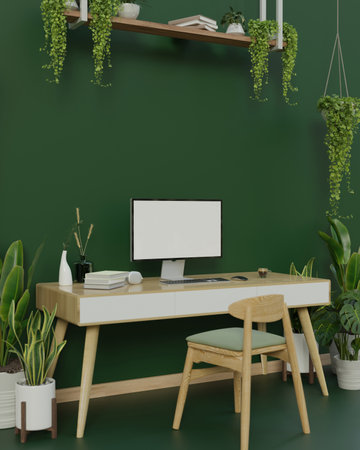 Modern trendy workspace with a computer white screen mockup on a minimal wooden desk against the green wall, indoor plants, and decor. 3d render, 3d illustrationの写真素材