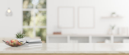 Copy space for displaying your product on a white table over a blurred modern white living room in the background. 3d render, 3d illustrationの写真素材