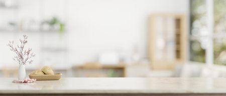 A tabletop with a flower vase, a bread basket, and copy space for displaying your product on a blurred modern white home office in the background. 3d render, 3d illustrationの写真素材
