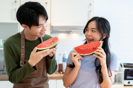 A lovely and joyful young Asian couple enjoys eating watermelon together in the kitchen, spending fun time together at home. Cooking date, romantic domestic life, loverの写真素材