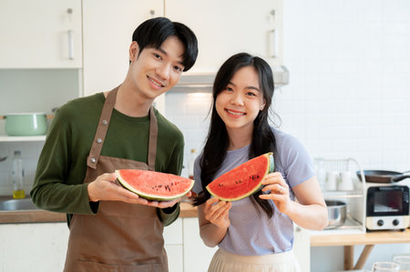 A lovely and happy young Asian couple is holding a slice of watermelon and enjoying cooking healthy meals in the kitchen together.の写真素材