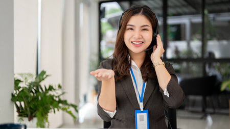 An attractive and smiling Asian female customer service operator with a wireless headset sits at her desk and looking at the camera.の写真素材