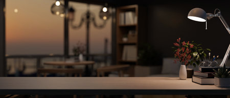Copy space for displaying your product on a table with a table lamp and accessories in a dark, modern living room in the evening. 3d render, 3d illustrationの写真素材