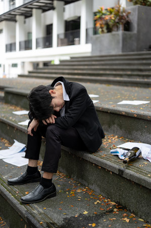 A drunk, depressed, and hopeless Asian businessman sits on the stairs in front of the corporate...
