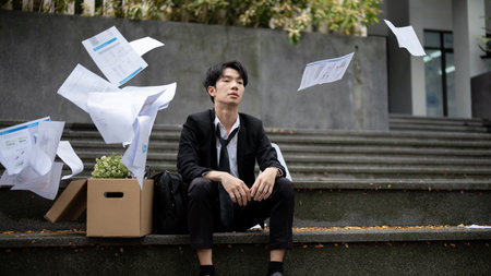 A depressed and sad young Asian businessman is throwing his business paperwork while sitting on the stairs in front of the corporate office with a box of his personal stuff after losing his job.の写真素材