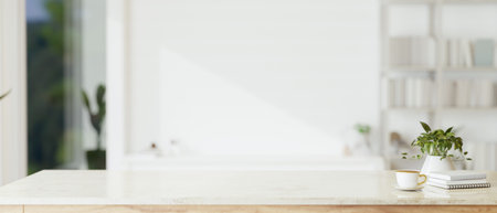 Copy space for displaying your product on a white tabletop with a blurred modern white room in the background. 3d render, 3d illustrationの写真素材