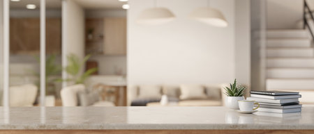 Empty space on a tabletop for displaying your product with a blurred modern Scandinavian living room...