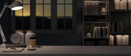 An empty mockup space for displaying your product on a black table in a modern dark office or home...