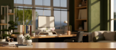 Empty space on a wooden table in a modern home office room with a computer desk against the window in the background. Study table, Home workspace close-up image 3d render, 3d illustrationの写真素材
