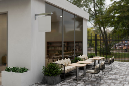 A modern and comfortable cafe or restaurant outdoor seating area with a greenery atmosphere, a blank signage mockup hanging on the wall. 3d render, 3d illustrationの写真素材