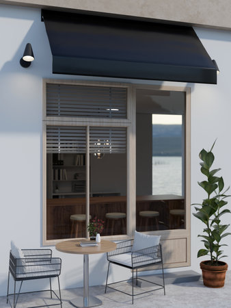 Exterior of a modern minimalist coffee shop or cafe's entrance door with a minimal wooden door, a white wall, an outdoor table, and a plant 3d render, 3d illustrationの写真素材
