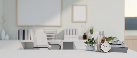 Close-up image of a copy space for displaying your product on a white tabletop with office supplies...
