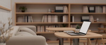Rear view of a laptop mockup on a wooden table in a cosy contemporary coffee shop cafe or library reading area with a comfortable couch and large wooden bookshelf. 3d render, 3d illustrationの写真素材