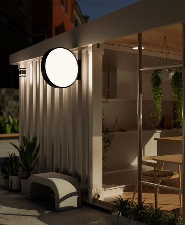 Exterior design of a modern, minimal street coffee shop building with an empty circle signage with light mockup hanging on the wall in the nighttime. 3d render, 3d illustrationの写真素材