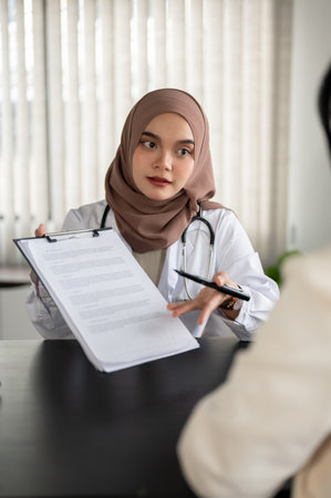 A portrait of a professional Asian Muslim female doctor shows information on a clipboard to a patient during a medical checkup in an examination room at a hospital.の写真素材