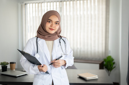 A portrait of an attractive and professional Asian Muslim female doctor in a uniform and hijab stands with a medical clipboard and a pen in her hands in an office at a hospital or clinic.の写真素材