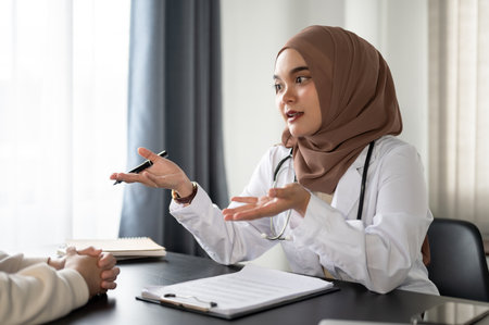 A professional Asian Muslim female doctor in a white gown and hijab diagnoses a patient's symptoms and gives treatment plans to the patient in an examination room at a hospital.の写真素材