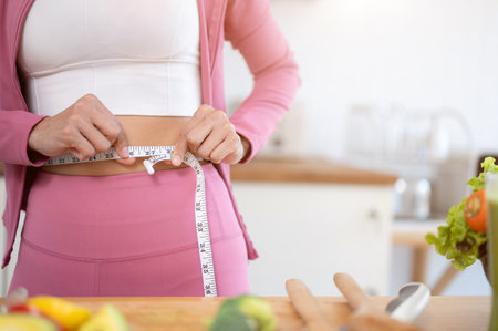 Close-up image of a healthy and slim woman in sportswear measuring her waist with a measuring tape. diet, nutrition, healthy body, workout, body trainingの写真素材
