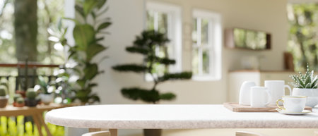 Copy space for displaying your product on a dining table with coffee mugs in a modern white kitchen. close-up image. 3d render, 3d illustrationの写真素材