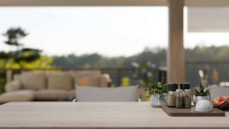 Copy space for displaying your product on a wooden tabletop with a set of seasoning bottles in a...
