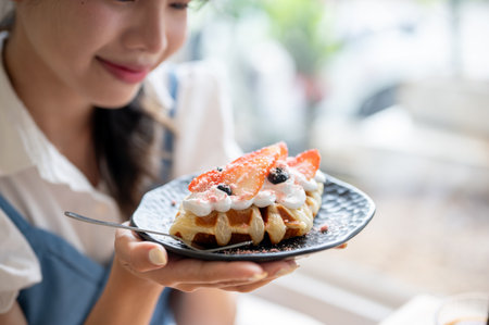 Close-up image of a happy and pretty Asian woman holding a plate of a yummy croissant waffle at a table in a cafe. People and food conceptsの写真素材