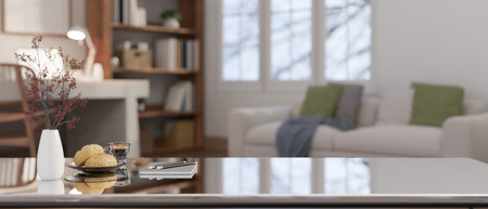 Close-up image of a modern coffee table with a coffee cup, a flower vase, accessories, and copy space for product display in a modern living room. 3d render, 3d illustrationの写真素材