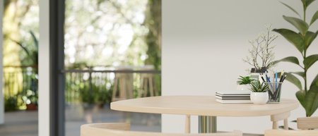 A copy space for displaying your product on a wooden table in a modern contemporary bright room with...