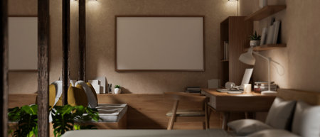 A cozy, Scandinavian bedroom interior design with a bed, a study table with armchair, a sofa, a...