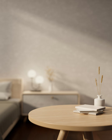 Copy space for displaying your product on a wooden round table with books and a ceramic vase in a...