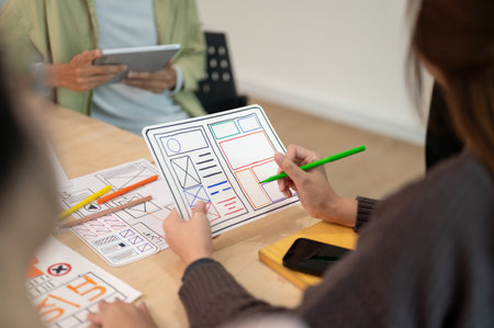 Close up view of young professional UX UI designer discussion on their project in the meeting room....