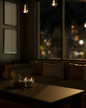 Close-up image of a hardwood coffee table with candles, a coffee cup, and books in a modern dark...