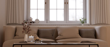 Front view of a copy space on a modern coffee table in a modern comfortable living room with a comfy couch against the window. close-up image. 3d render, 3d illustrationの写真素材