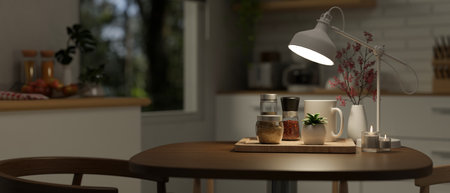 A hardwood dining table with seasoning bottles and a table lamp in a modern kitchen at night. close-up image. 3d render, 3d illustrationの写真素材