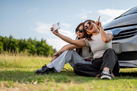 Two cheerful and beautiful young Asian female friends are sitting on the grass in front of a car and taking selfies with a smartphone together, enjoying their road trip to the countryside.の写真素材