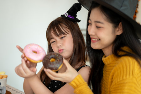 A cheerful and cute young Asian girl in a Halloween costume enjoys eating doughnuts with her mom in the kitchen, celebrating Halloween with her mom at home.の写真素材