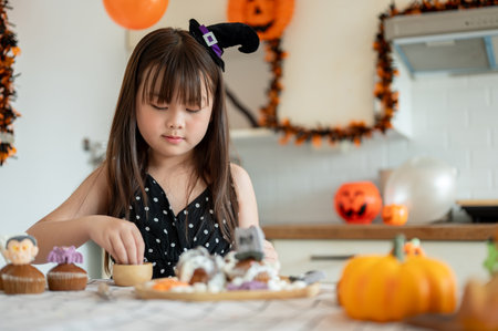 An adorable young Asian girl in a Halloween costume focuses on decorating Halloween cupcakes in the kitchen. Halloween spooky season conceptの写真素材