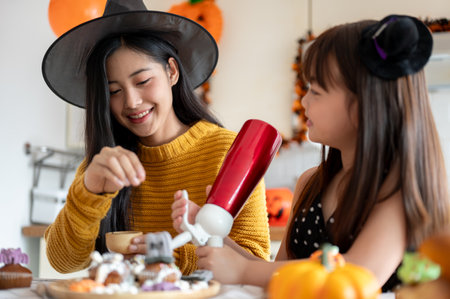 A kind and beautiful young Asian mom in a witch hat enjoys making Halloween cupcakes with her young daughter in the kitchen, celebrating Halloween at home together. Halloween spooky season conceptの写真素材