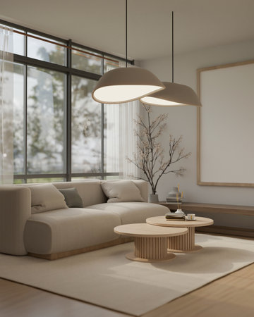 Interior design of a cosy minimal Scandinavian living room with a comfy couch against the large...