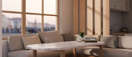 Interior design of a cosy Scandinavian living room with a comfortable corner couch by the window, a...