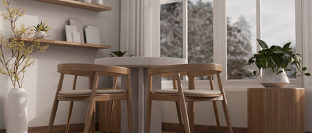 Interior design of a minimal dining room with a minimal dining table with wood armchairs, a potted...