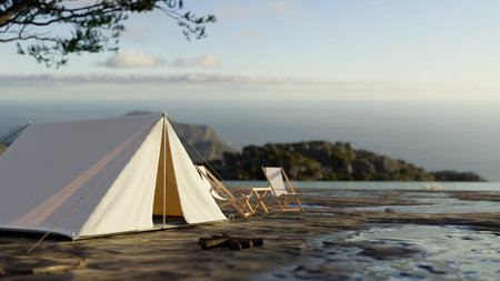 A tent with deck chairs by the beautiful lake. Camping area, campsite, nature exploration. 3d render, 3d illustrationの写真素材