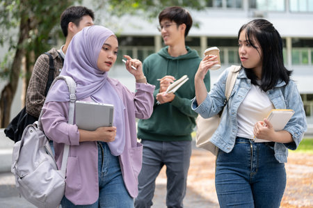 A group of diverse Asian university students are talking and sharing their ideas while walking down the footpath in the campus park together. University life and friendship conceptsの写真素材
