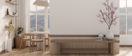 Interior design of a minimalist Scandinavian spacious living room with a wooden bench against the white wall, large flower vases, a dining table, parquet floor, and decor. 3d render, 3d illustrationの写真素材