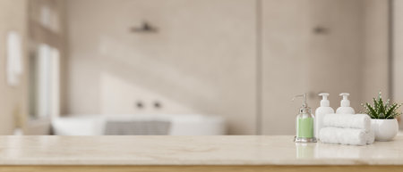 Toiletries and copy space for display your product on a luxury white tabletop or countertop with a blurred background of a modern bathroom. 3d render, 3d illustrationの写真素材