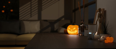 Close-up image of an empty space, candles, a scary pumpkin lamp, and accessories on a tabletop in a dark living room at night. 3d render, 3d illustrationの写真素材